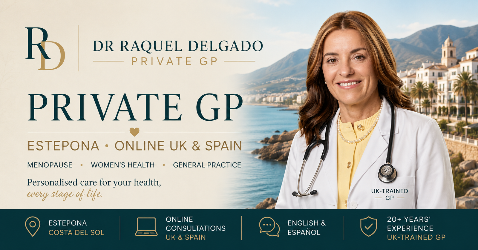 Dr Raquel Delgado is an English-speaking GP providing in-person medical services in Estepona and online consultations across Costa del Sol, Spain and UK. She has an interest in Menopause and Women's Healthcare and Weight Management